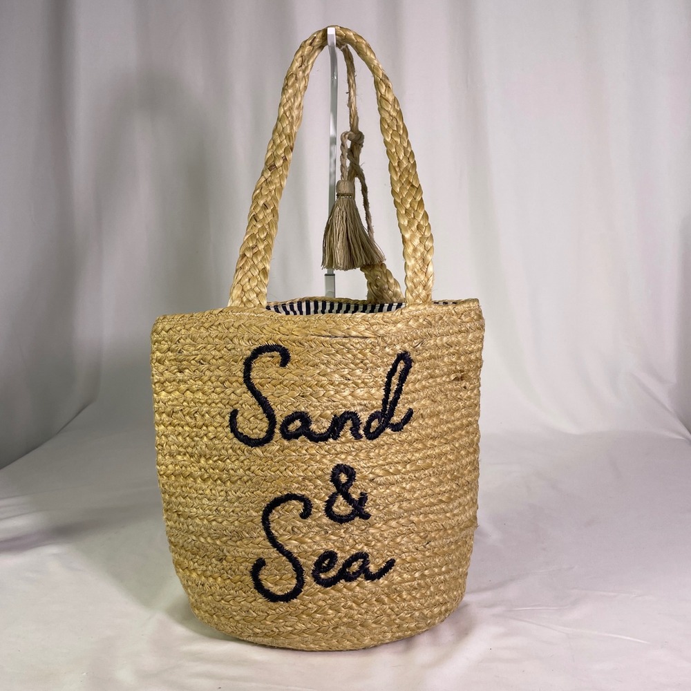 J. Jill Sand & Sea Embroidered Woven Straw Shoulder Bag Tote Natural Navy READ
